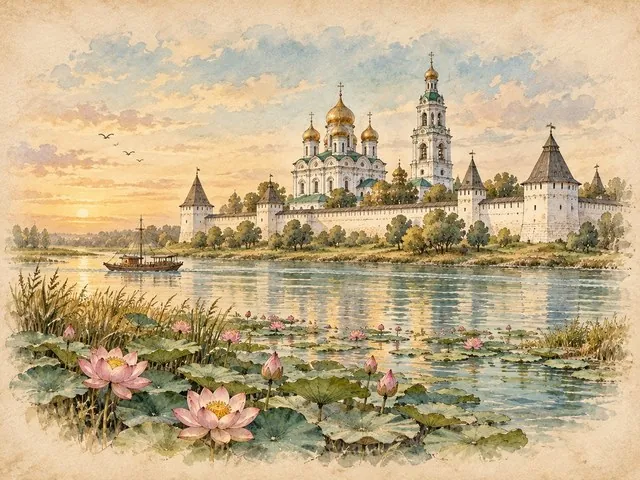 Открытка: Астраханский кремль над Волгой, лотосы в дельте